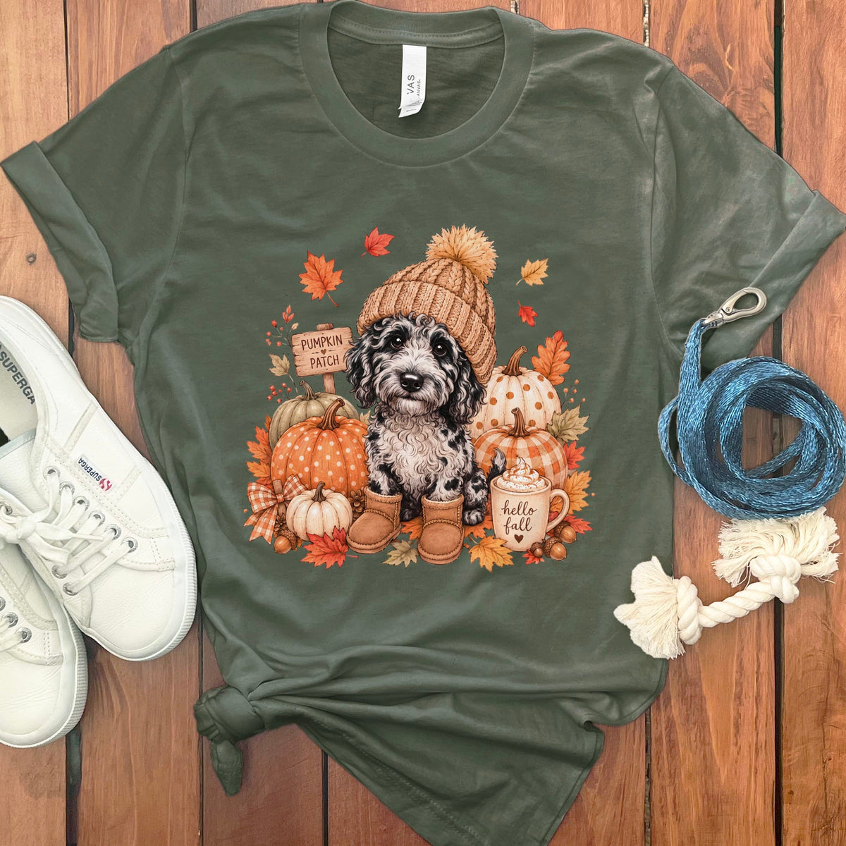 Merle Goldendoodle Pumpkin Patch T-Shirt in Military Green / S by Puppy Jo