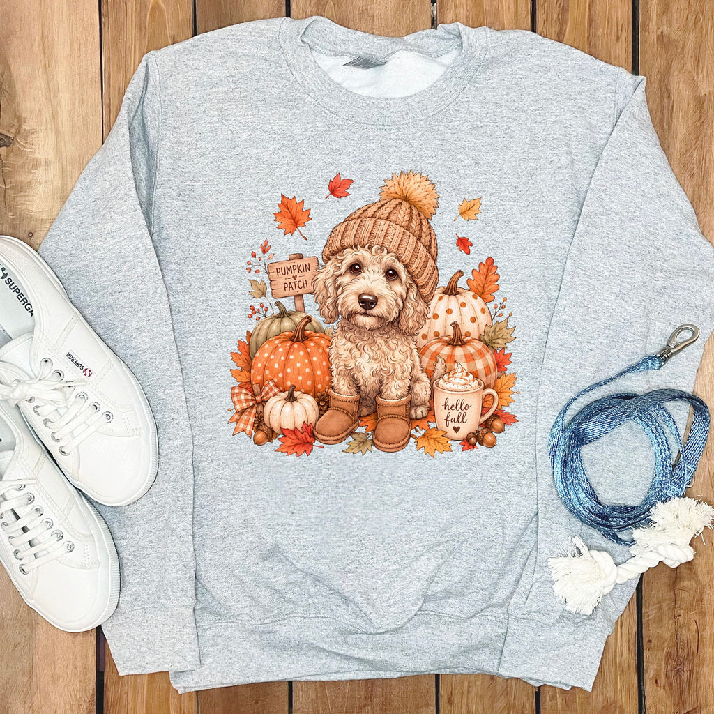 Cream Goldendoodle Pumpkin Patch Sweatshirt in Sport Grey / S by Puppy Jo