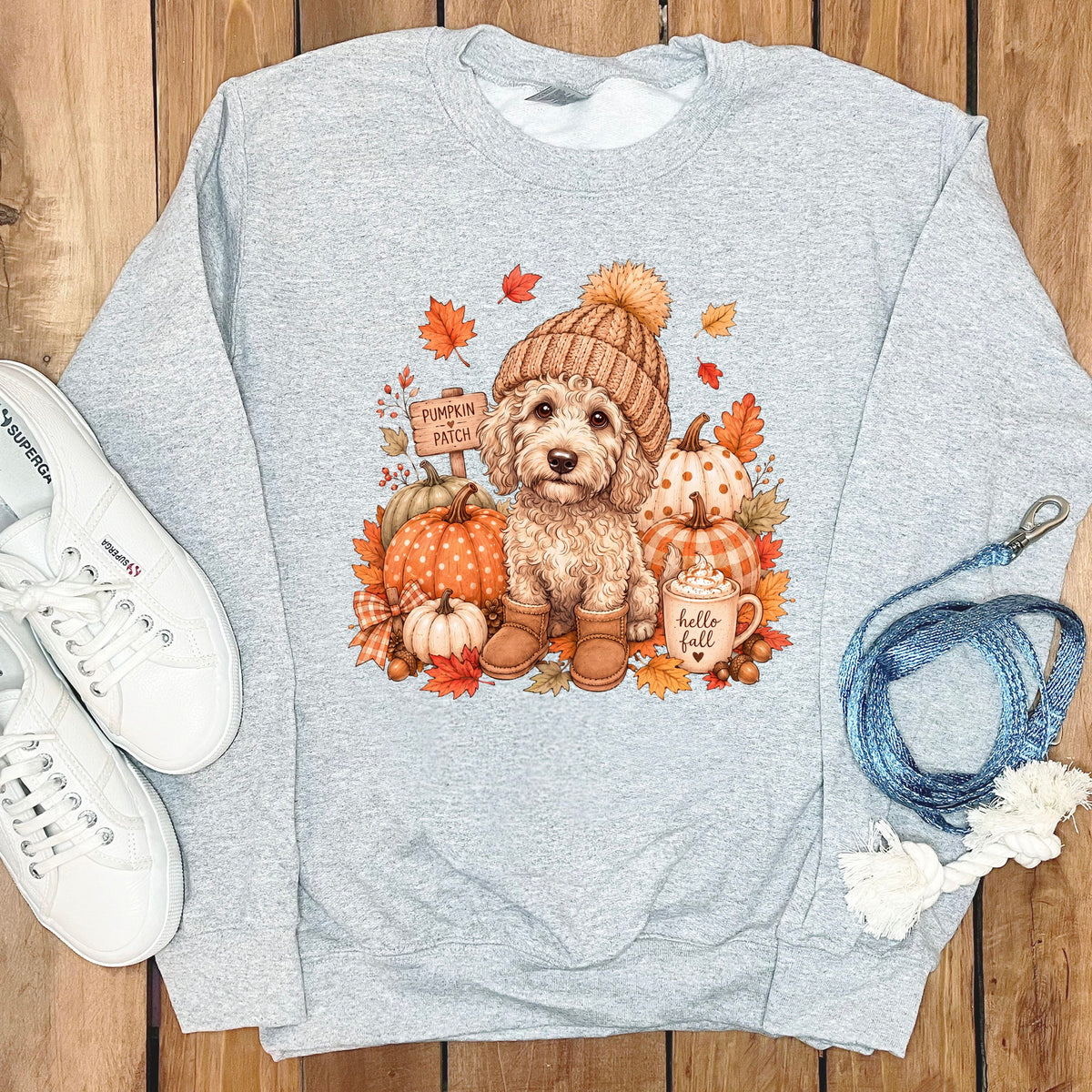 Cream Goldendoodle Pumpkin Patch Sweatshirt in Sport Grey / S by Puppy Jo