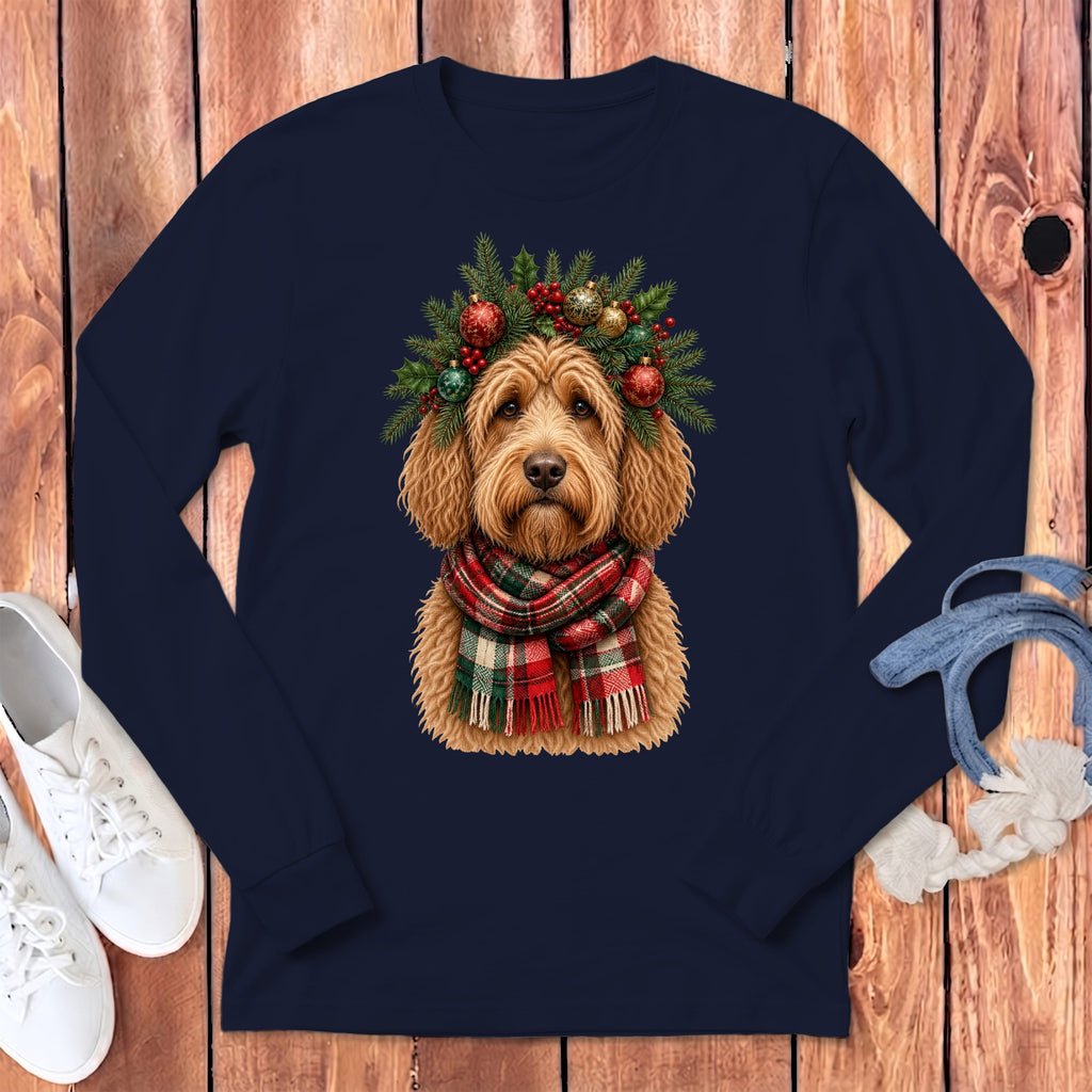 Apricot Goldendoodle Holiday Crown Long Sleeve T-Shirt in Navy / S by MyDesigns
