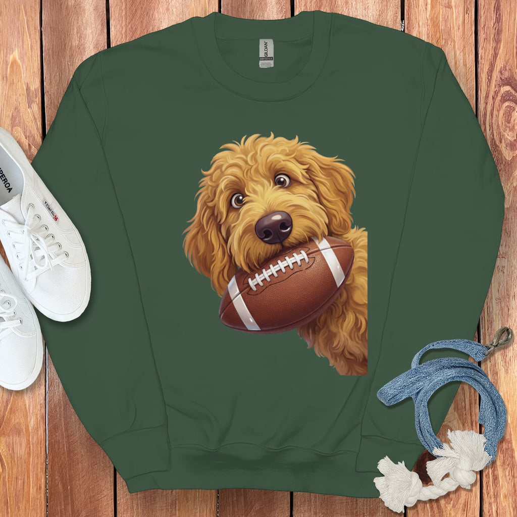 Green sweatshirt with a cartoon doodle dog holding a football.