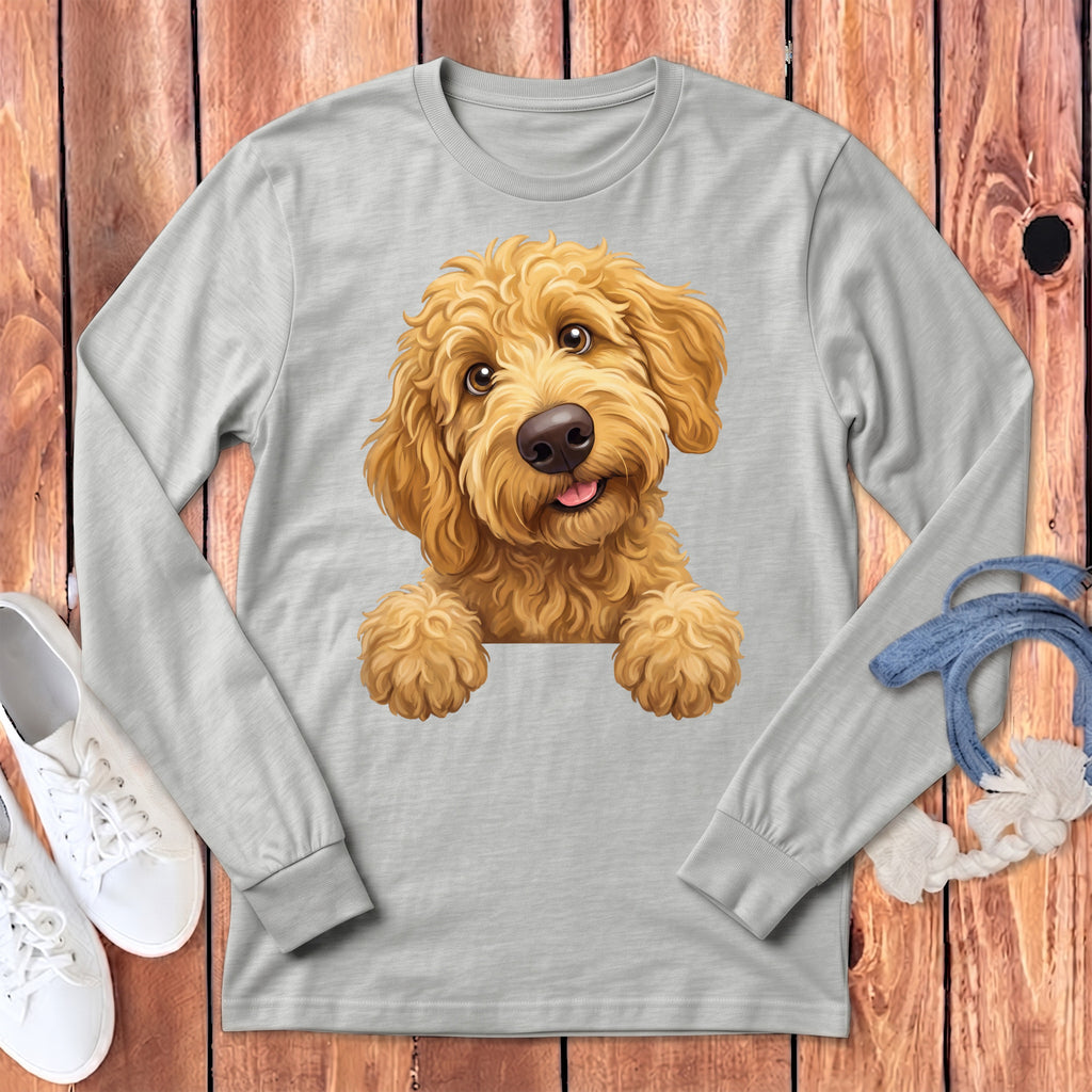 Light grey long-sleeve t-shirt with a cute goldendoodle puppy illustration.