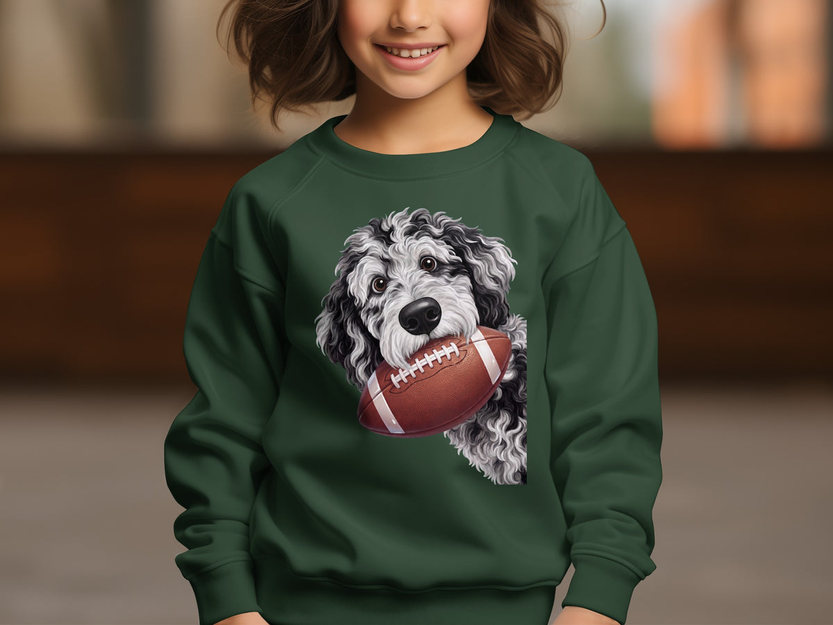 A black and white fluffy dog holds a football on a dark green sweatshirt.