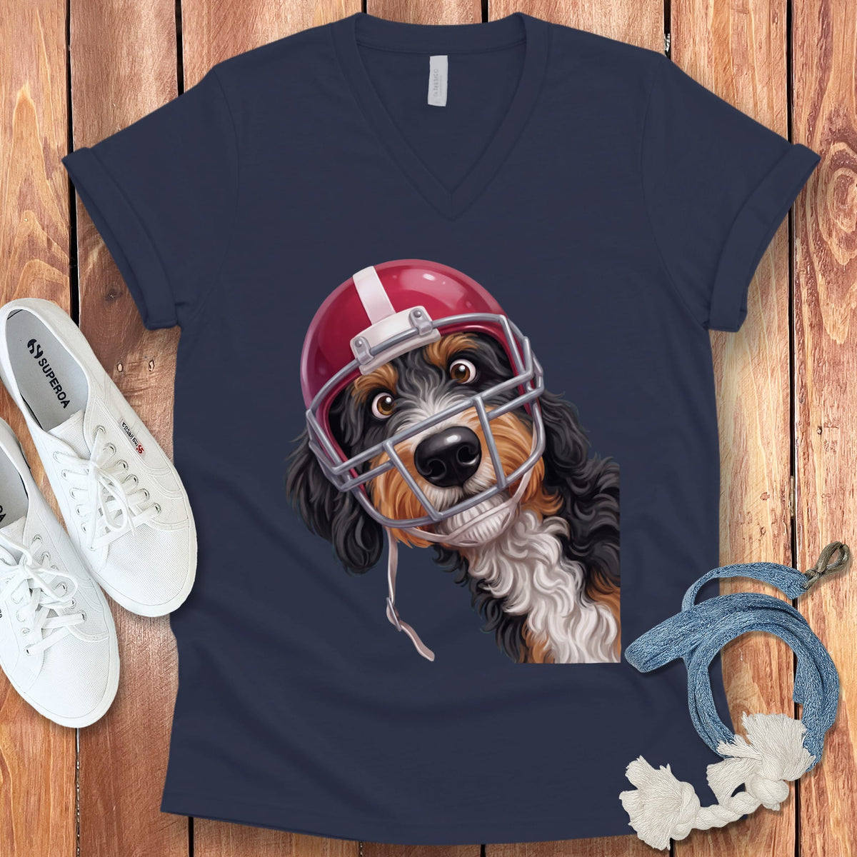 Bernedoodle Football Helmet V-Neck T-Shirt in Navy / S by Puppy Jo
