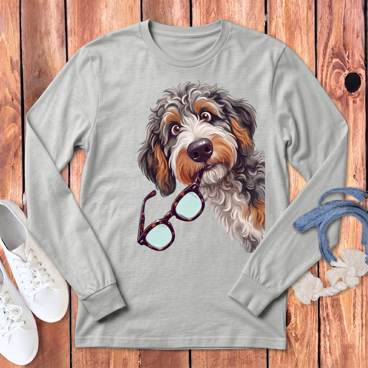 Light gray long-sleeve t-shirt with a graphic of a fluffy dog holding glasses in its mouth.
