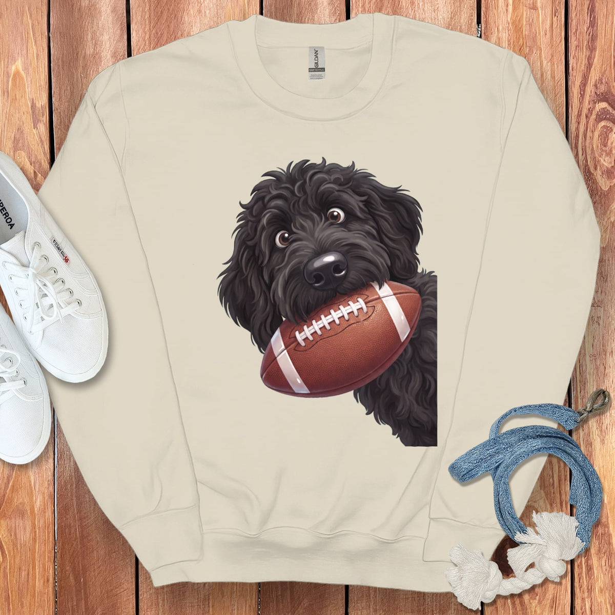 Black Goldendoodle Football Sweatshirt in Sand / S by Puppy Jo