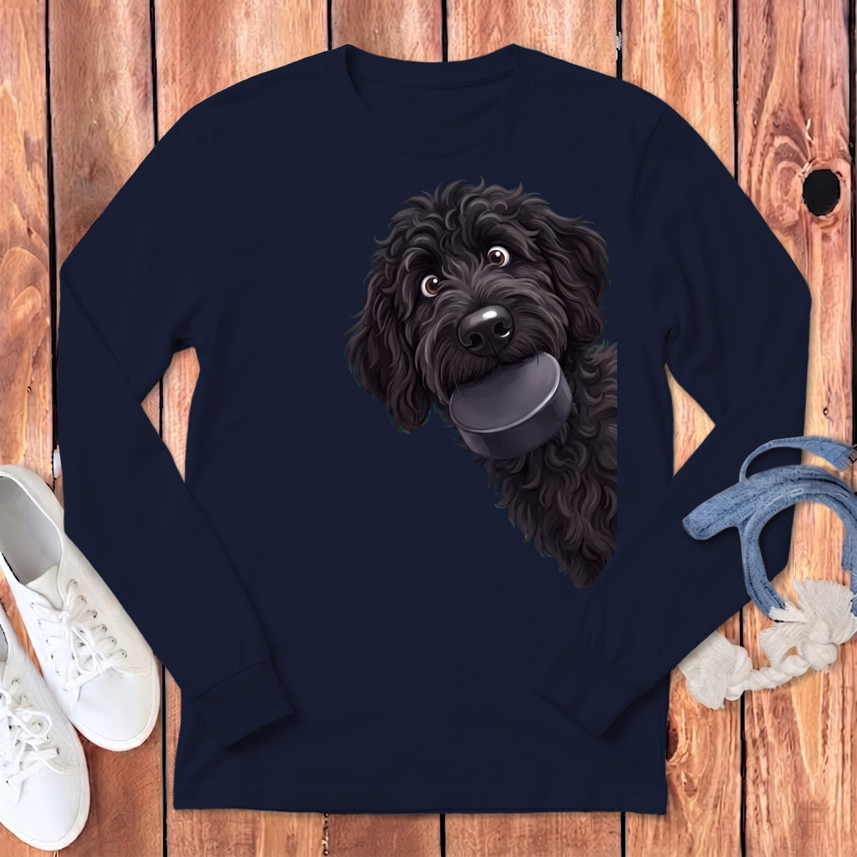 Black Goldendoodle Hockey Puck Long Sleeve T-Shirt in Navy / S by Puppy Jo