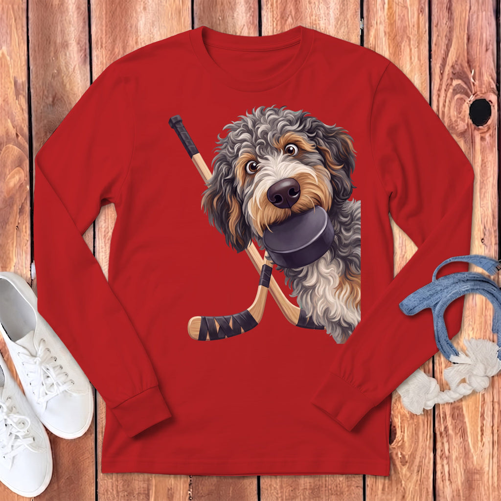 Aussiedoodle Hockey Long Sleeve T-Shirt in Red / S by Puppy Jo
