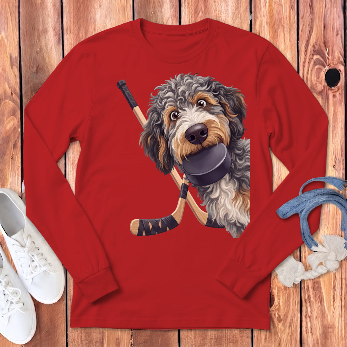 Aussiedoodle Hockey Long Sleeve T-Shirt in Red / S by Puppy Jo