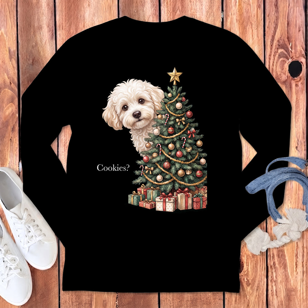 White dog peeks from behind a Christmas tree with gifts and the text "Cookies?".