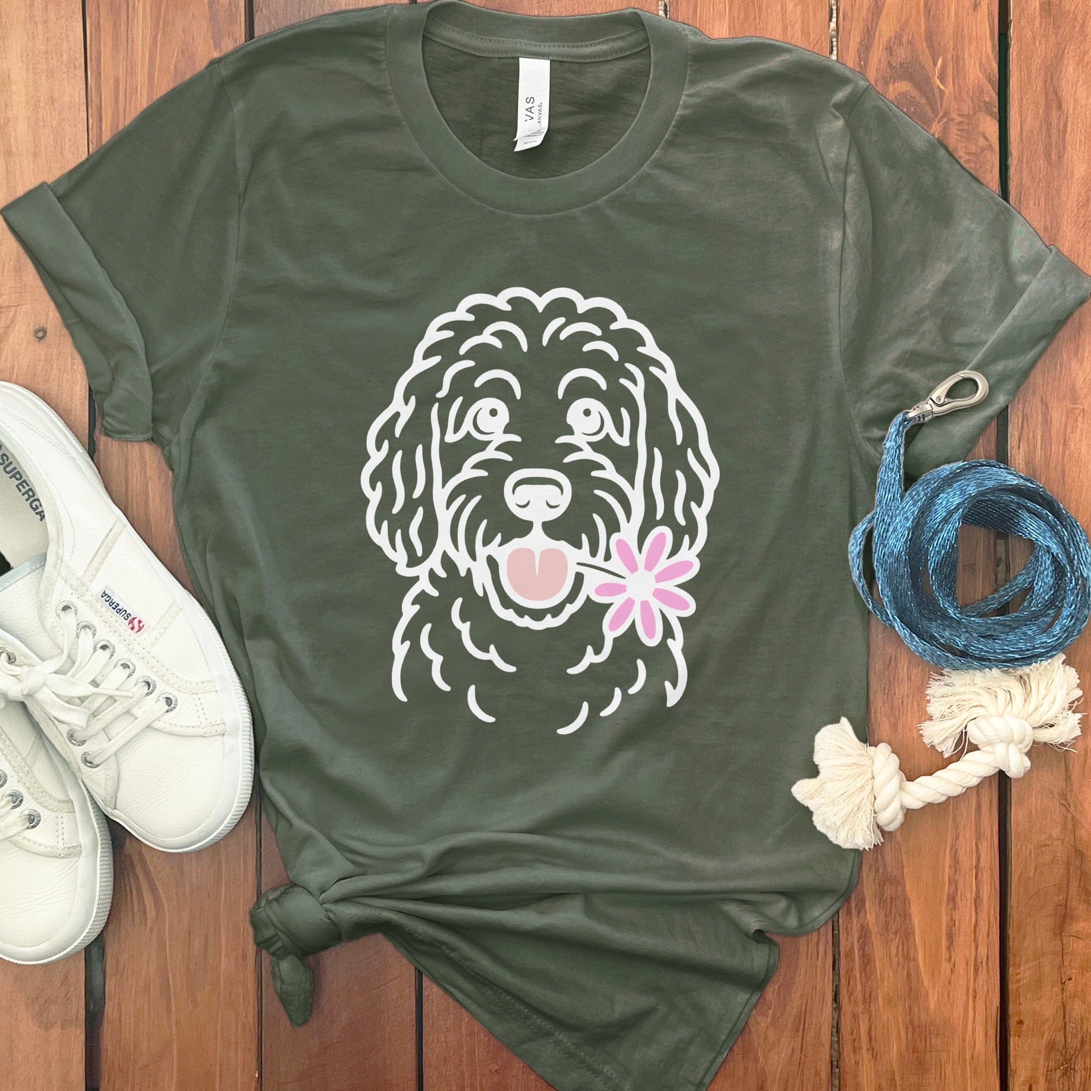 Happy Dog With Flower Graphic on Green T-Shirt