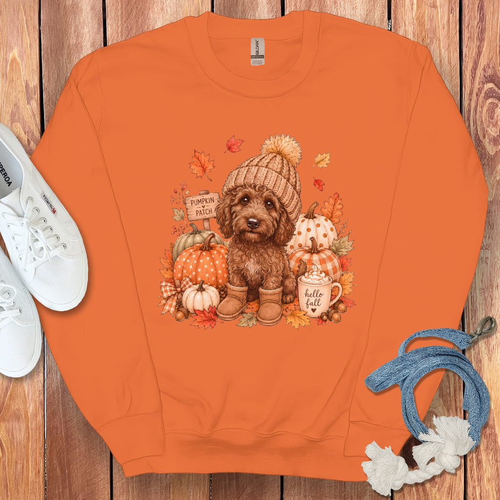 Chocolate Goldendoodle Pumpkin Patch Sweatshirt in Orange / S by Puppy Jo