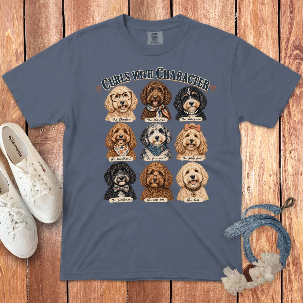 T-shirt with "Curls With Character" text and nine illustrated dogs, each with a caption.