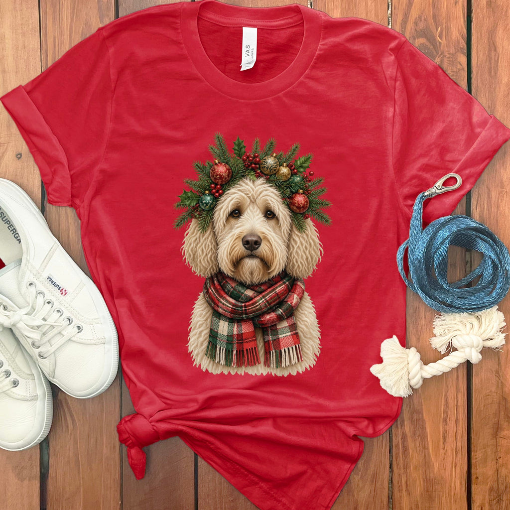 Cream Goldendoodle Holiday Crown T-Shirt in Red / S by Puppy Jo