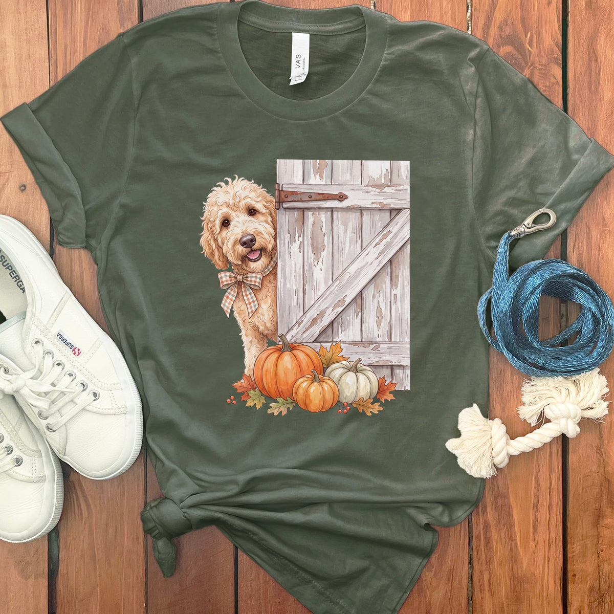 Cream Goldendoodle Barn Peeking T-Shirt in Military Green / S by Puppy Jo