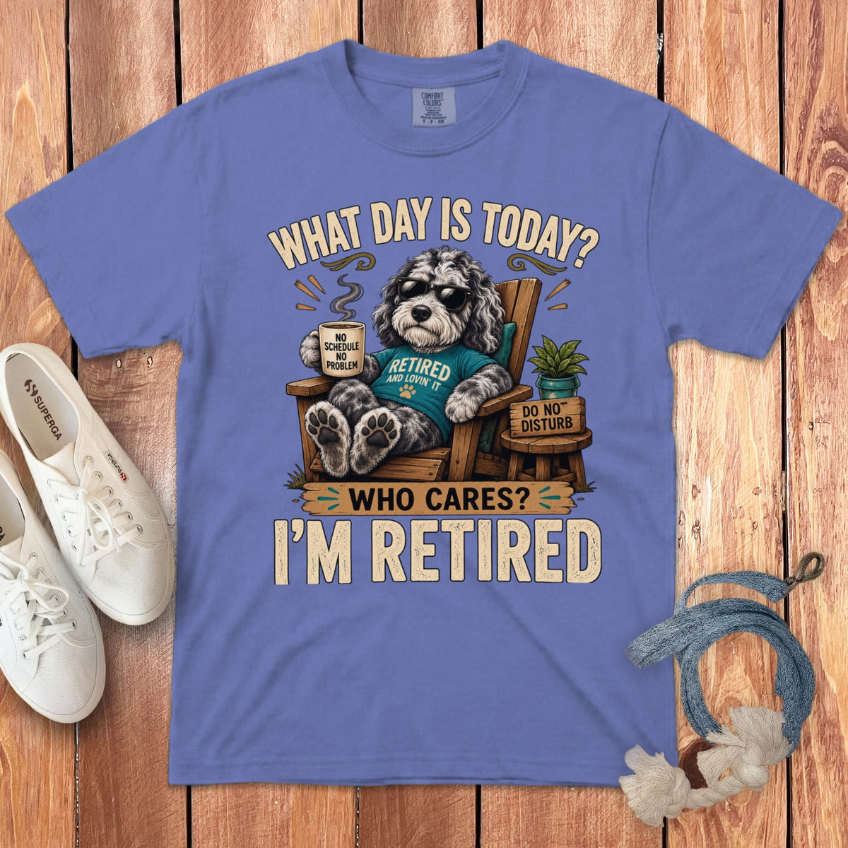 I'm Retired Merle Goldendoodle Signature T-Shirt in Flo Blue / S by Puppy Jo