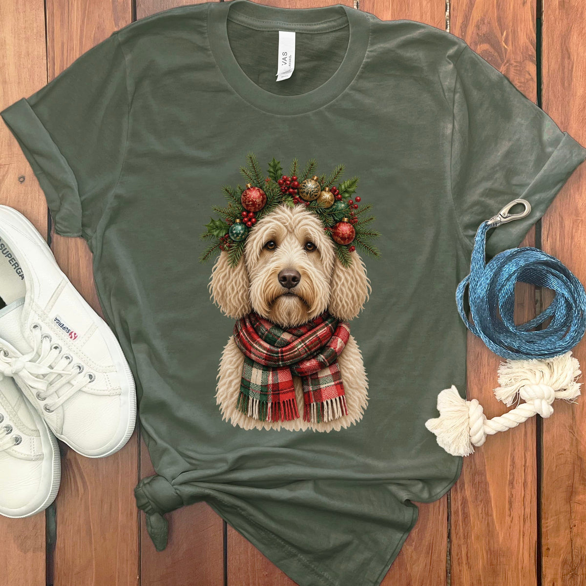 Cream Goldendoodle Holiday Crown T-Shirt in Military Green / S by Puppy Jo