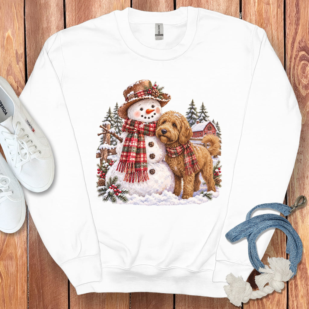 Apricot Goldendoodle Christmas Snowman Sweatshirt in White / S by Puppy Jo