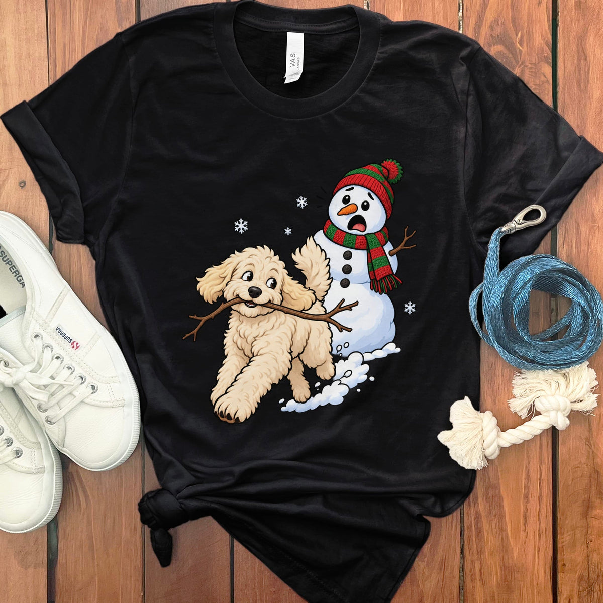 Cream Goldendoodle Snowman T-Shirt in Black / S by Puppy Jo