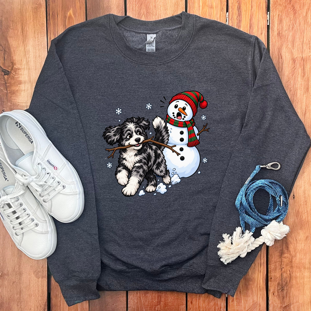 Merle Goldendoodle Snowman Sweatshirt in Dark Heather / S by Puppy Jo
