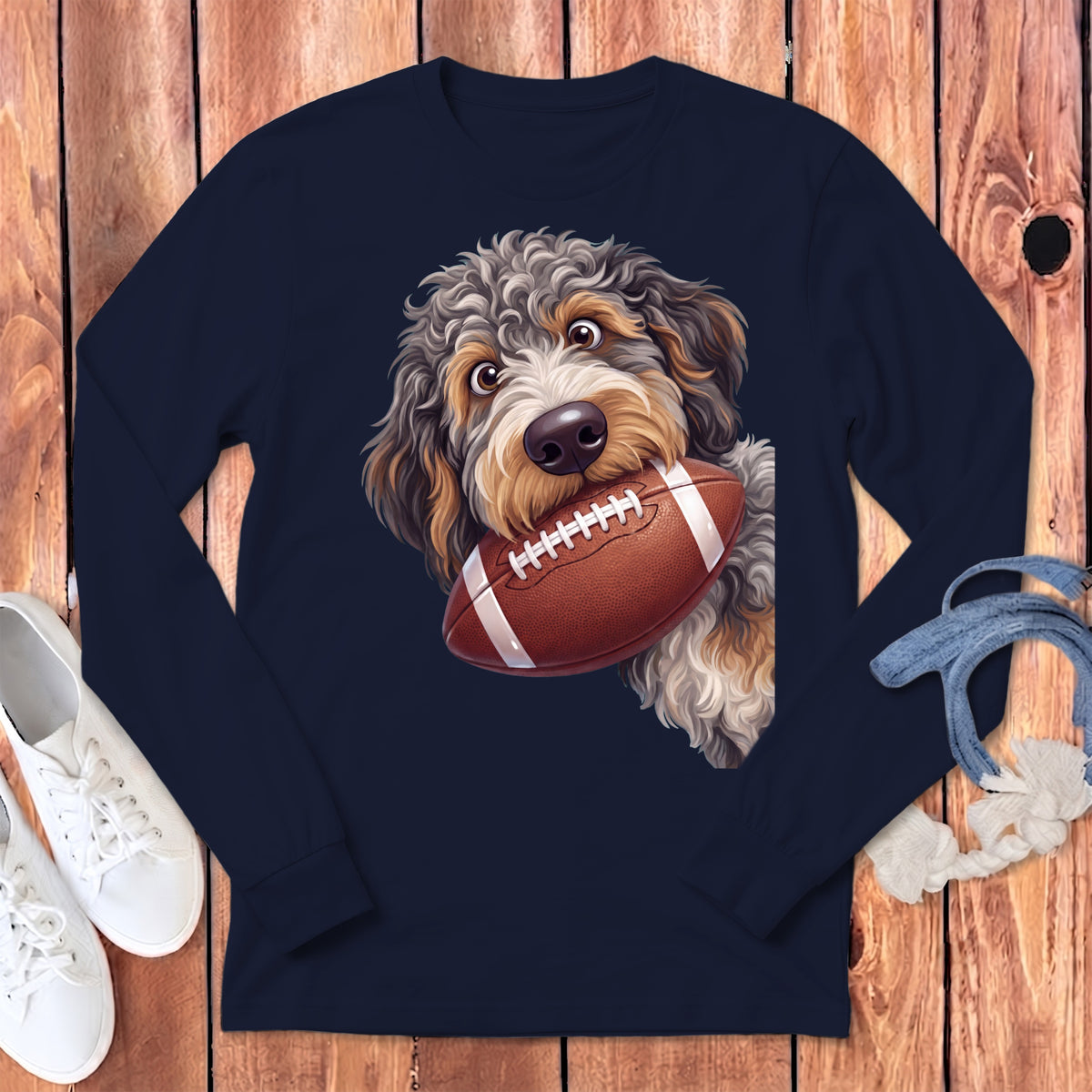 Dark blue long-sleeve shirt featuring an illustration of a fluffy dog holding a football in its mouth.