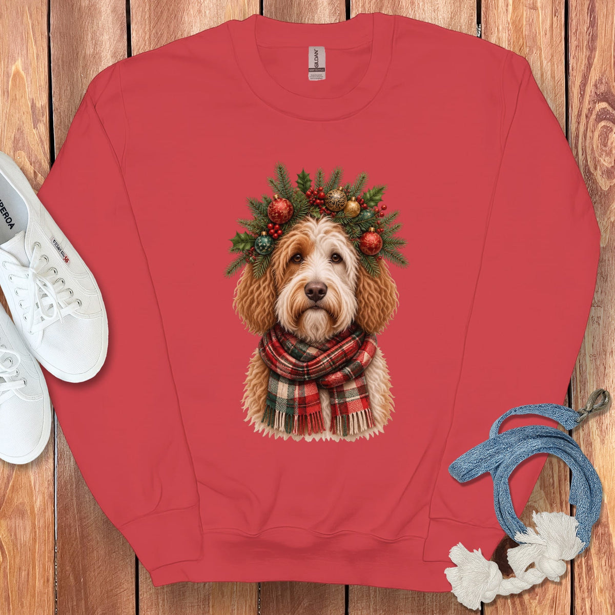 Parti Goldendoodle Holiday Crown Sweatshirt in Red / S by Puppy Jo