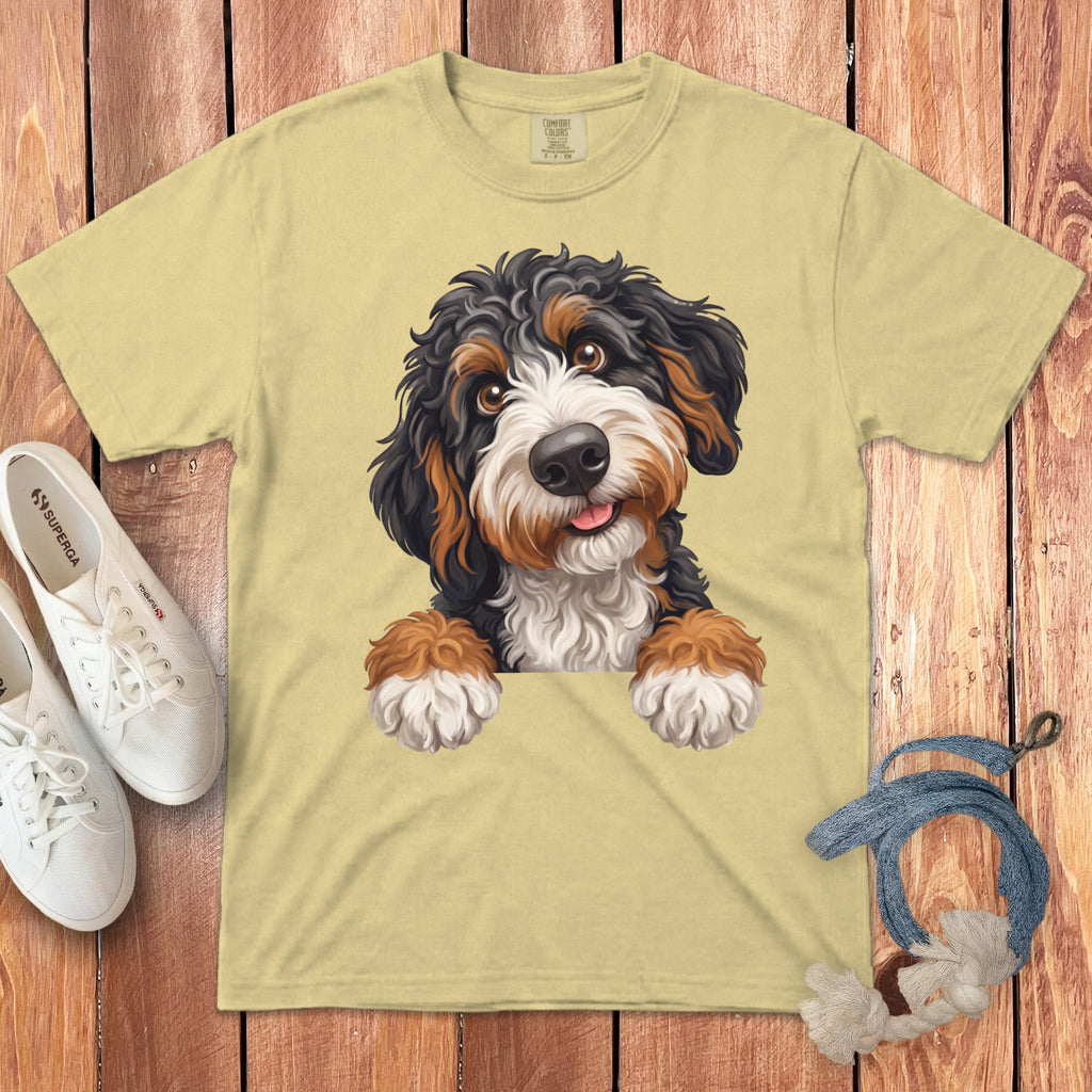 Bernedoodle puppy peeking over a light yellow t-shirt with "COMFORT COLORS" tag.
