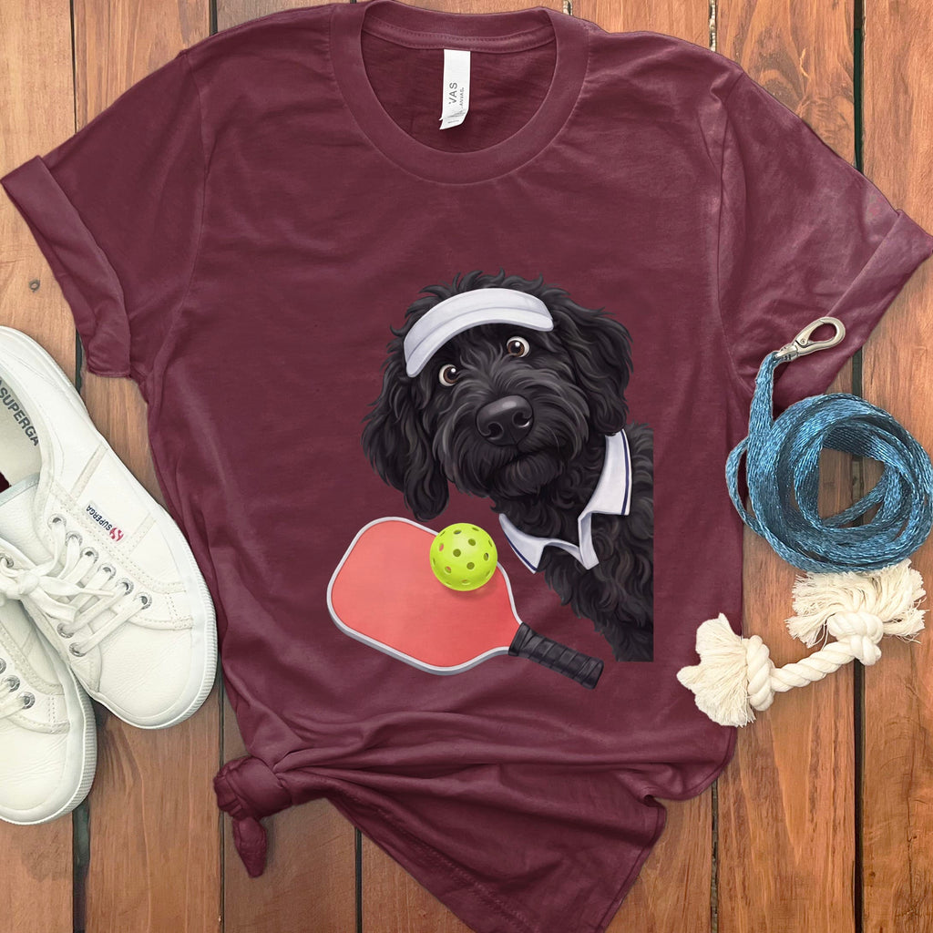 Black Goldendoodle Pickleball Player T-Shirt in Maroon / S by Puppy Jo