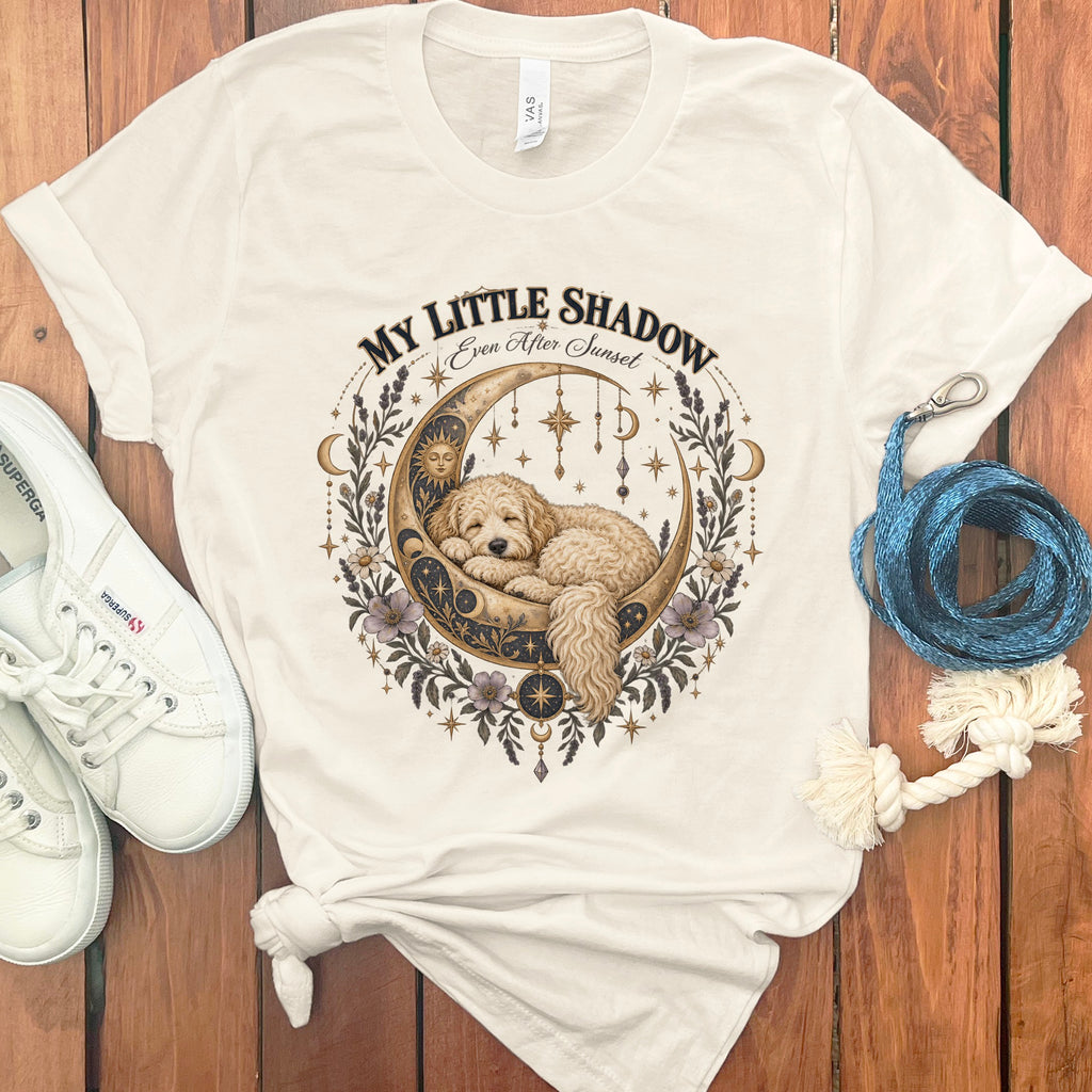 Cream t-shirt with "MY LITTLE SHADOW Even After Sunset" and a dog sleeping on a moon.
