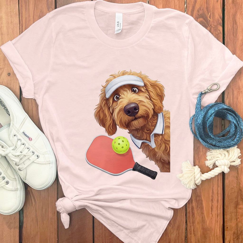 Apricot Goldendoodle Pickleball Player T-Shirt in Soft Pink / S by Puppy Jo