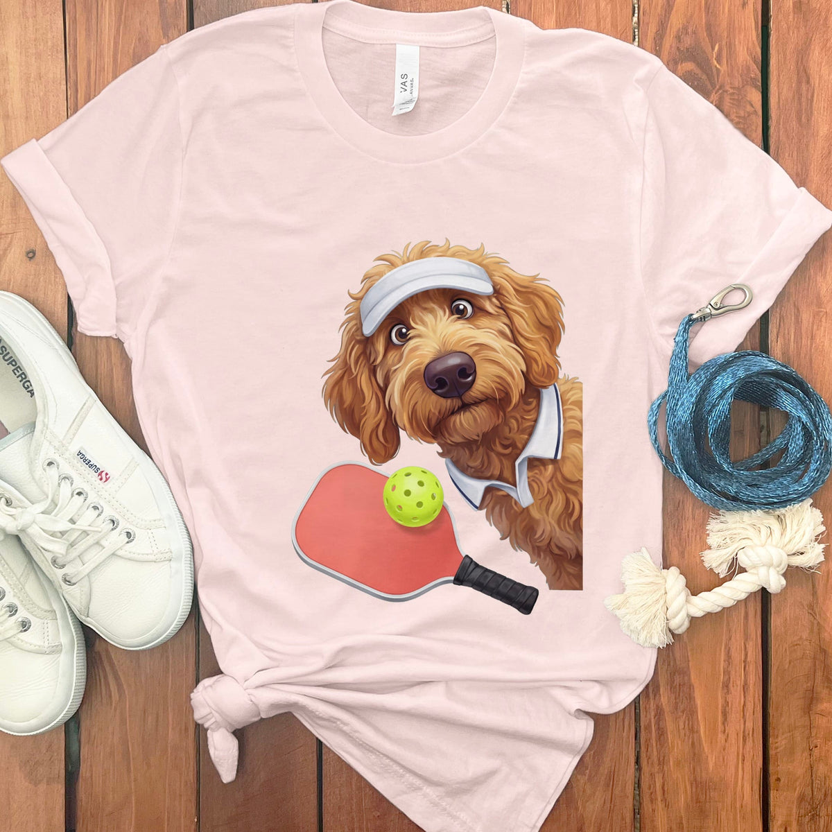 Apricot Goldendoodle Pickleball Player T-Shirt in Soft Pink / S by Puppy Jo