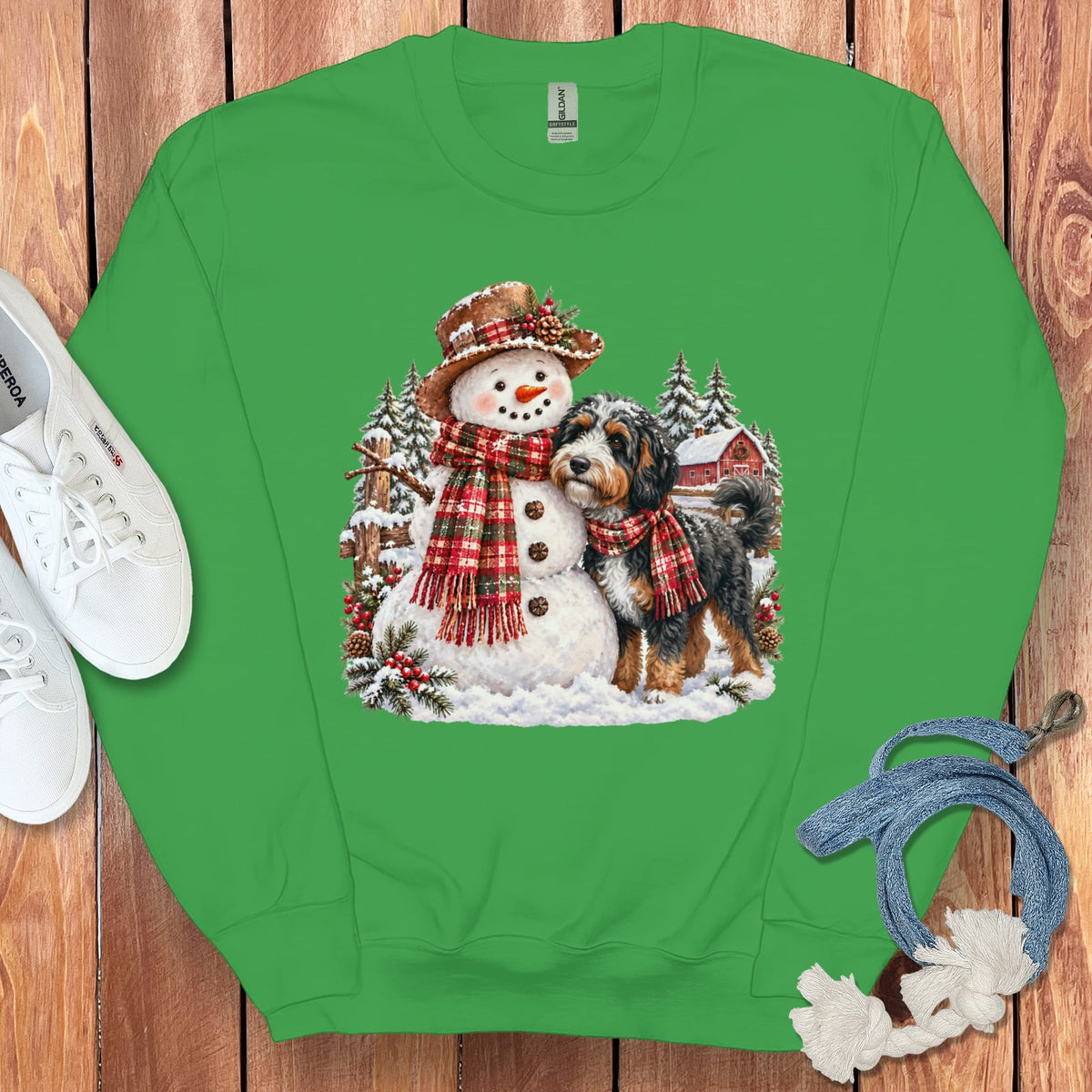 Bernedoodle Christmas Snowman Sweatshirt in Irish Green / S by Puppy Jo