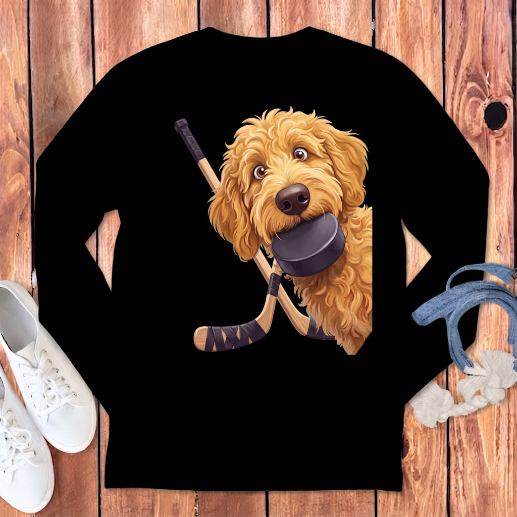 Golden Goldendoodle Hockey Long Sleeve T-Shirt in Black / S by Puppy Jo
