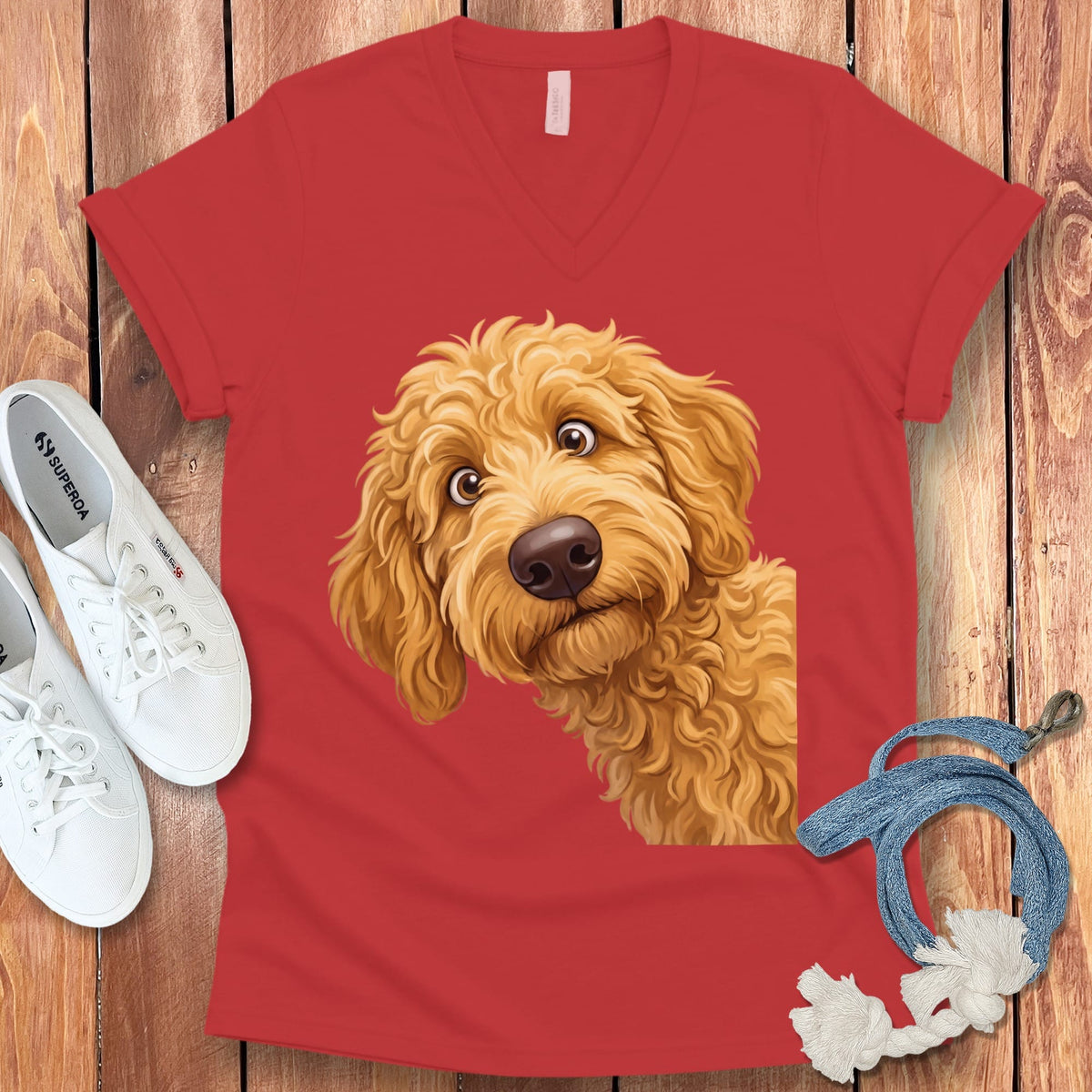 Funny Peeking Golden Goldendoodle V-Neck T-Shirt in Red / S by Puppy Jo