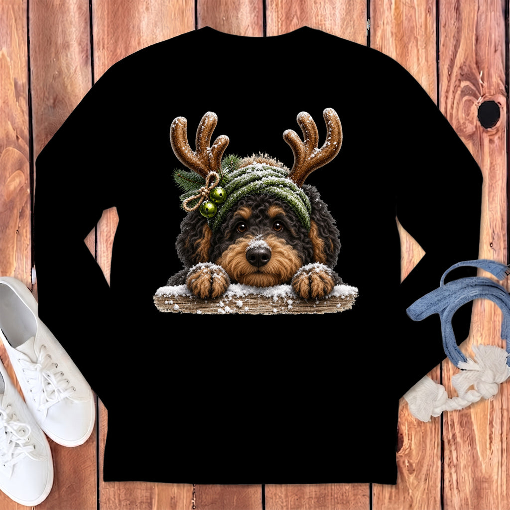 Black long-sleeve shirt featuring a fluffy dog with reindeer antlers and green bells.
