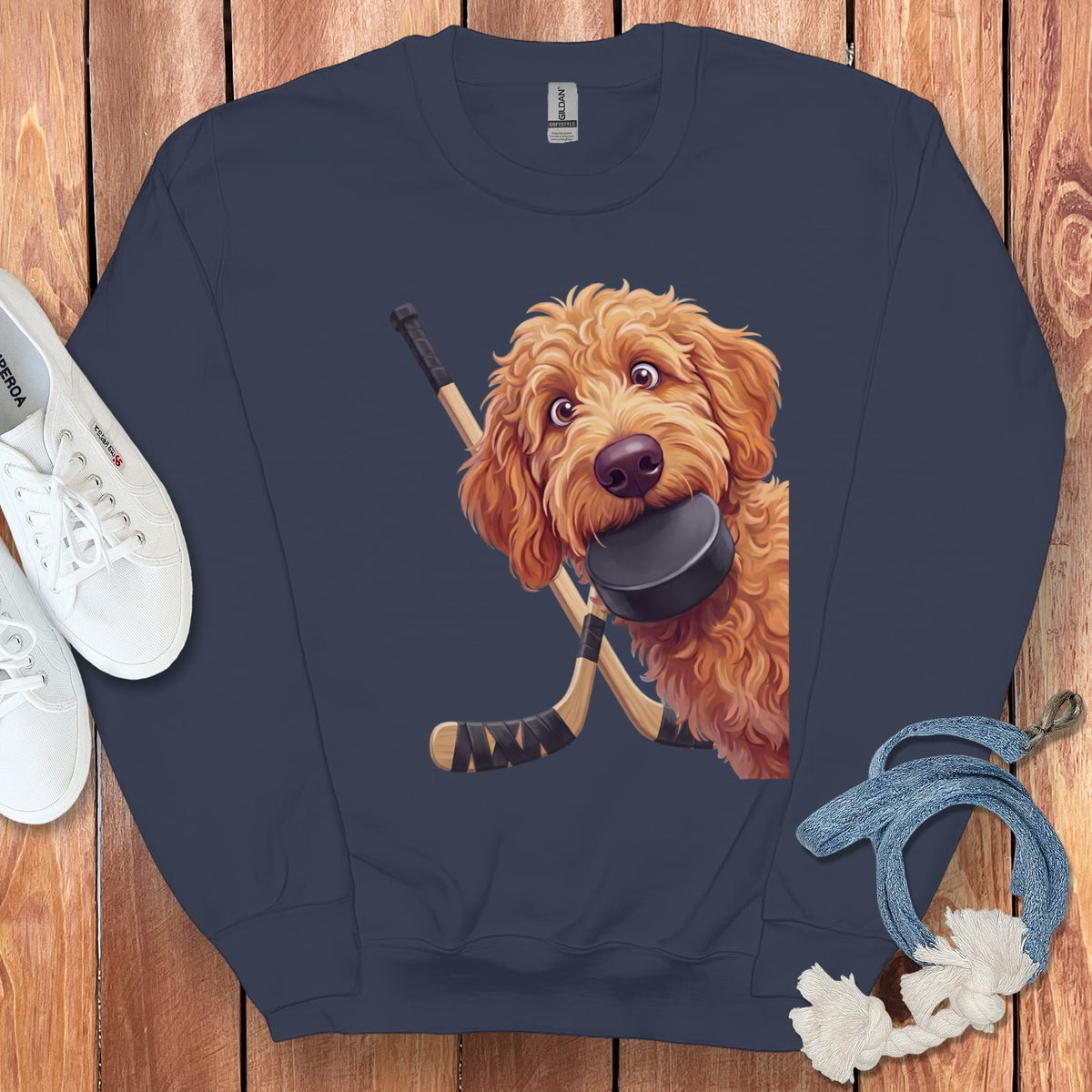 Apricot Goldendoodle Hockey Sweatshirt in Navy / S by Puppy Jo