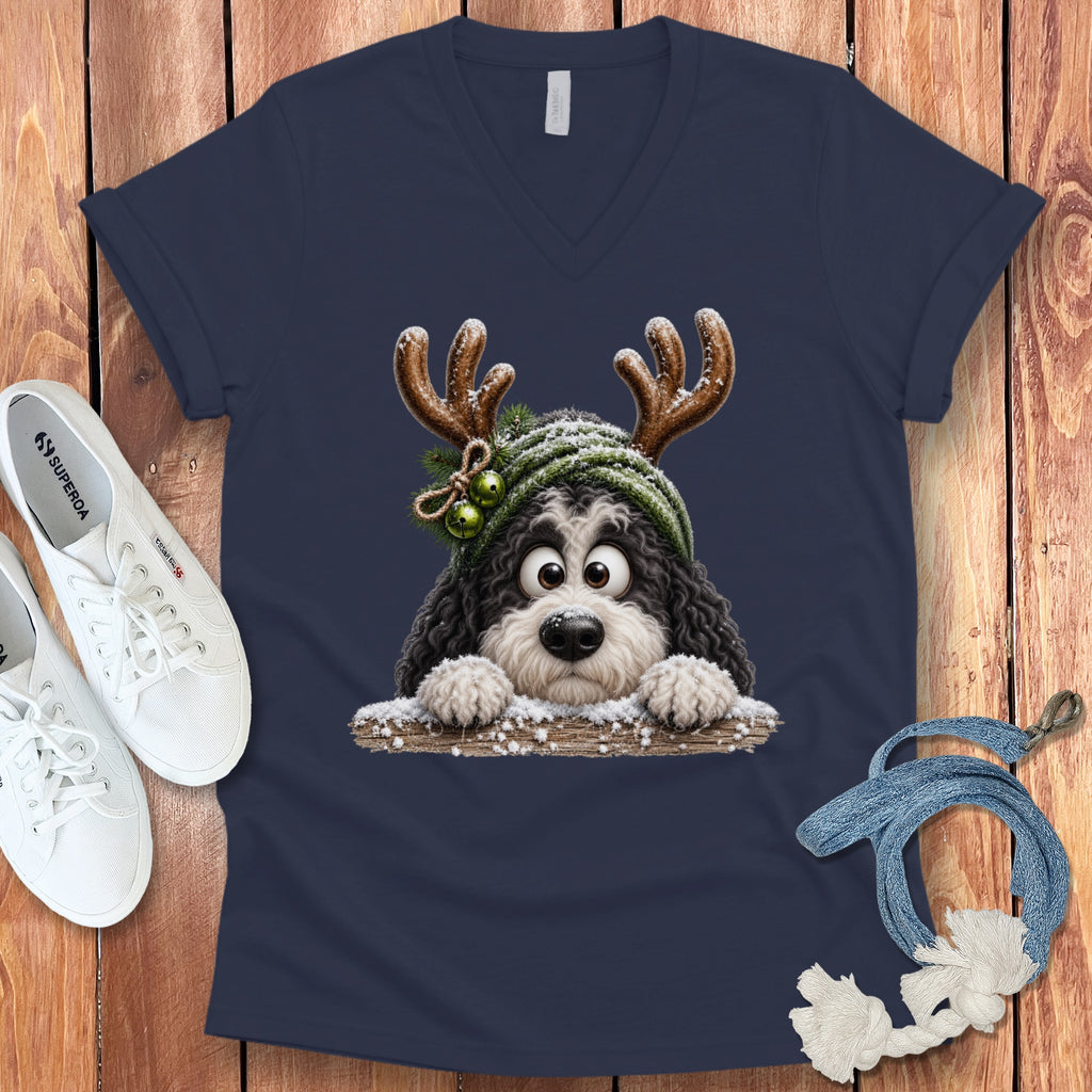 Navy t-shirt featuring a cartoon dog with antlers and a winter hat.