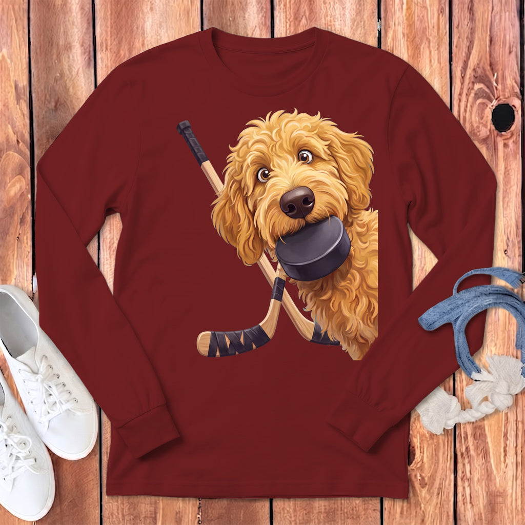 Golden Goldendoodle Hockey Long Sleeve T-Shirt in Cardinal / S by Puppy Jo