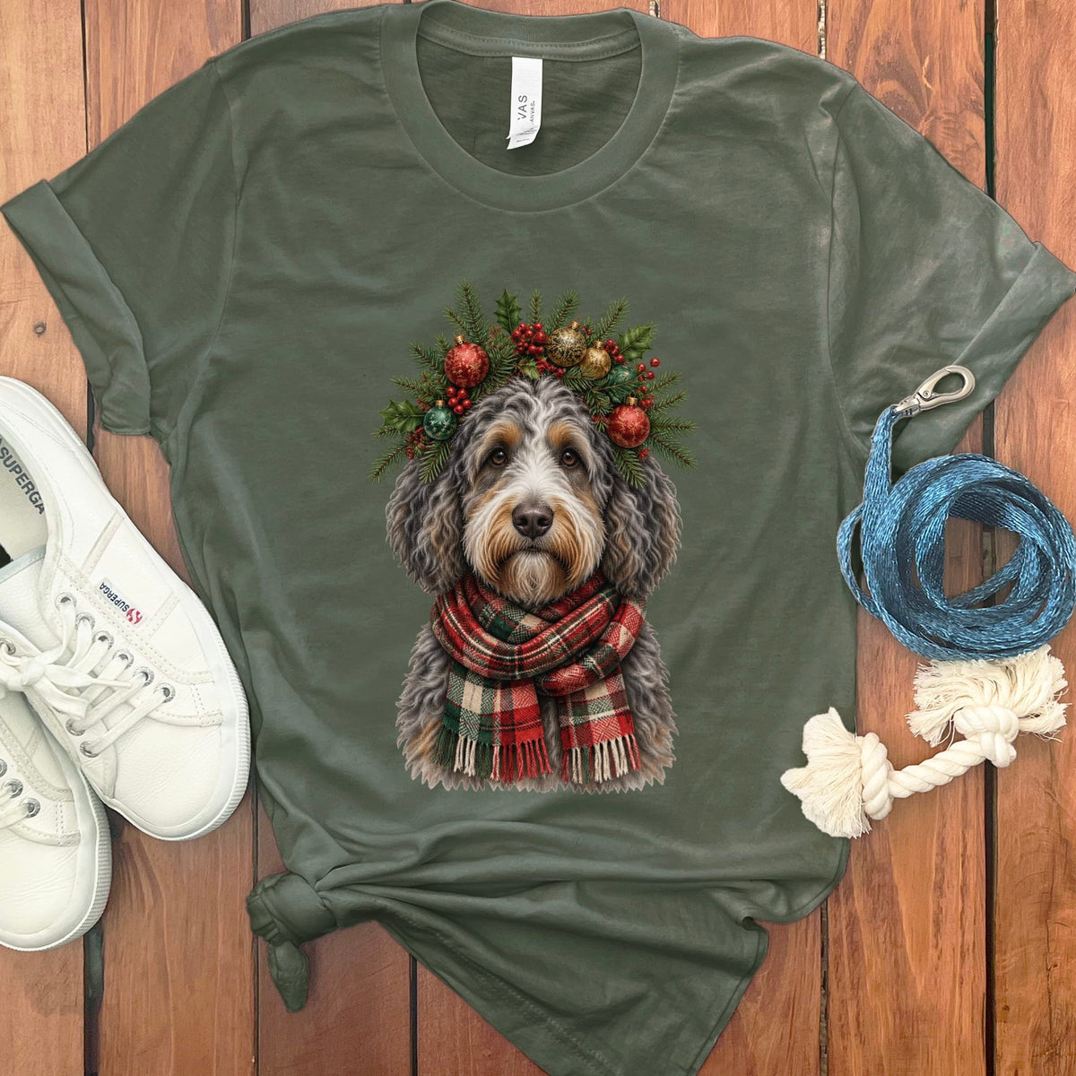 Aussiedoodle Holiday Crown T-Shirt in Military Green / S by Puppy Jo