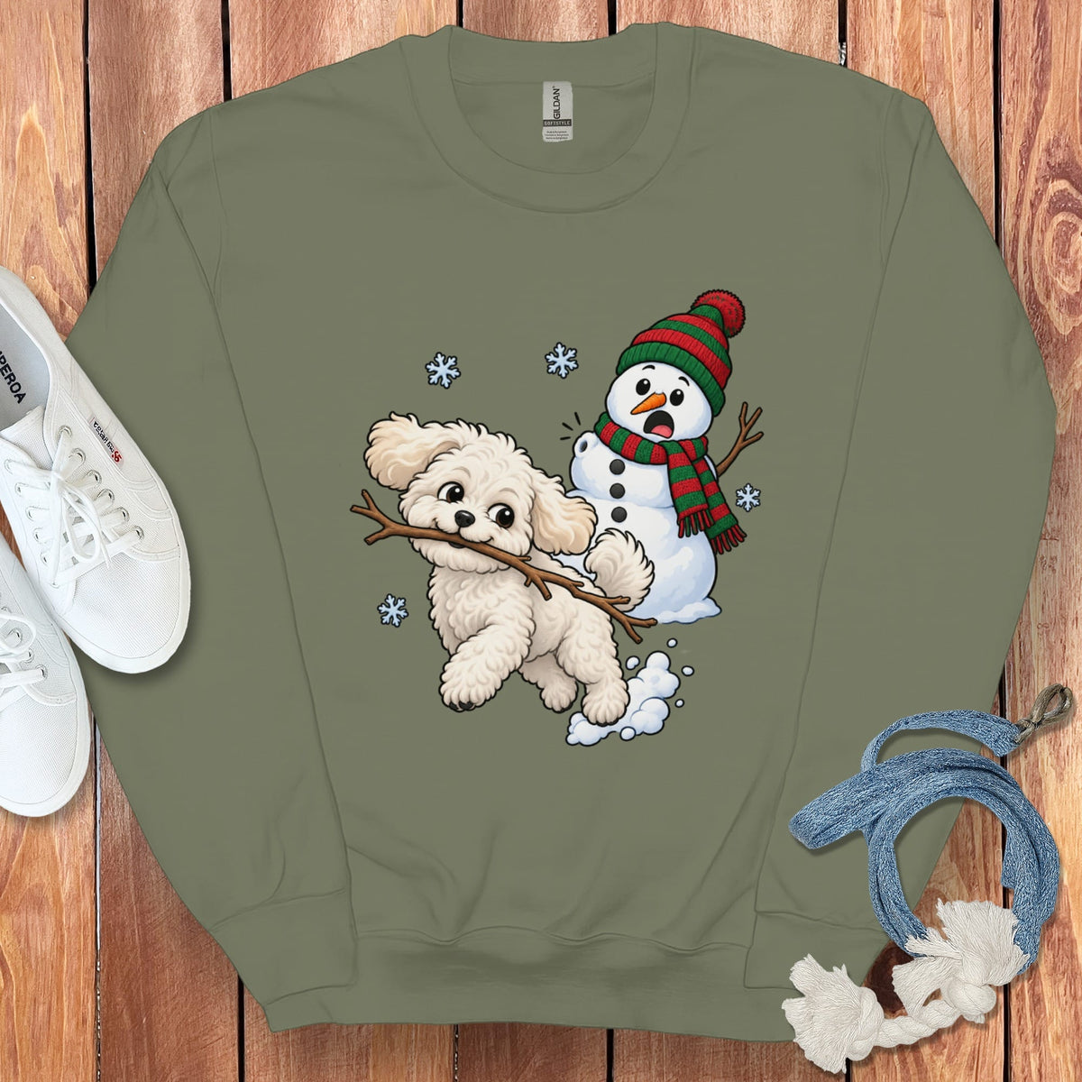 Maltipoo Snowman Sweatshirt in Military Green / S by Puppy Jo