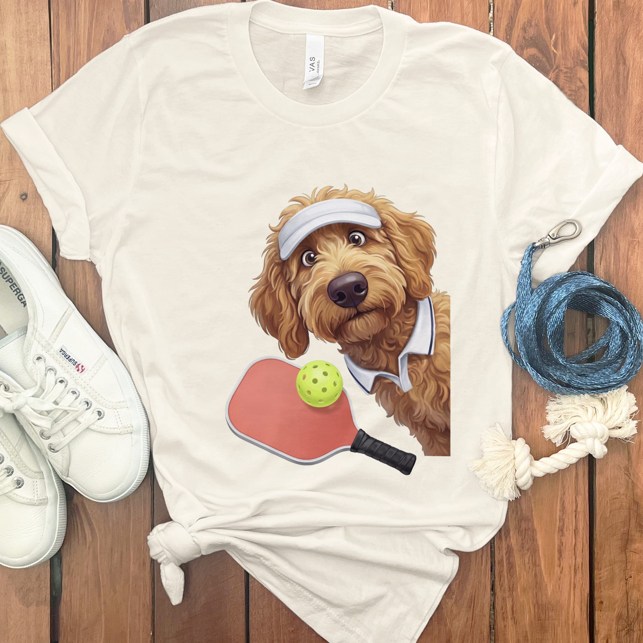 Apricot Goldendoodle Pickleball Player T-Shirt in Natural / S by Puppy Jo