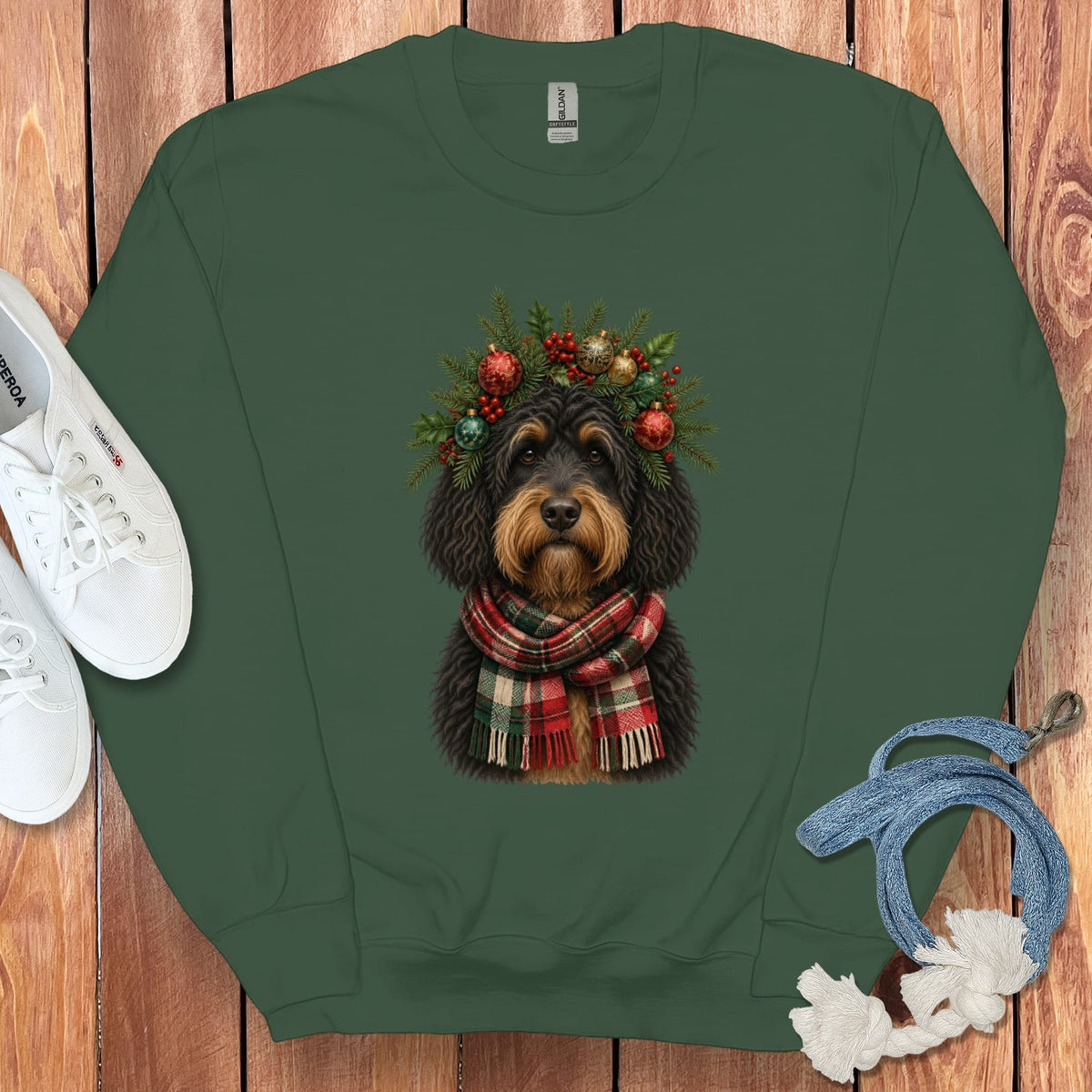 Phantom Goldendoodle Holiday Crown Sweatshirt in Forest Green / S by Puppy Jo