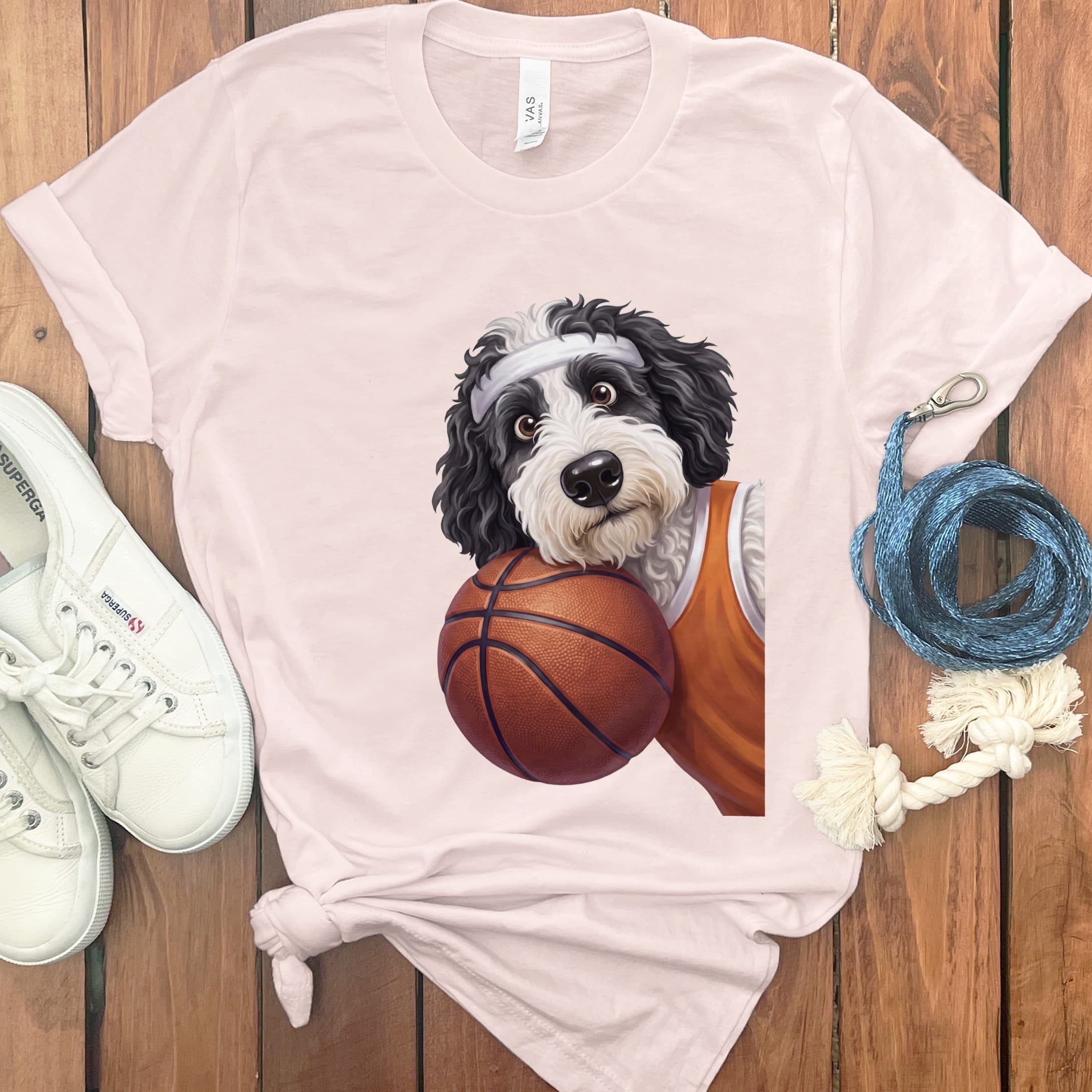 Sheepadoodle Basketball Player T-Shirt in Soft Pink / S by Puppy Jo