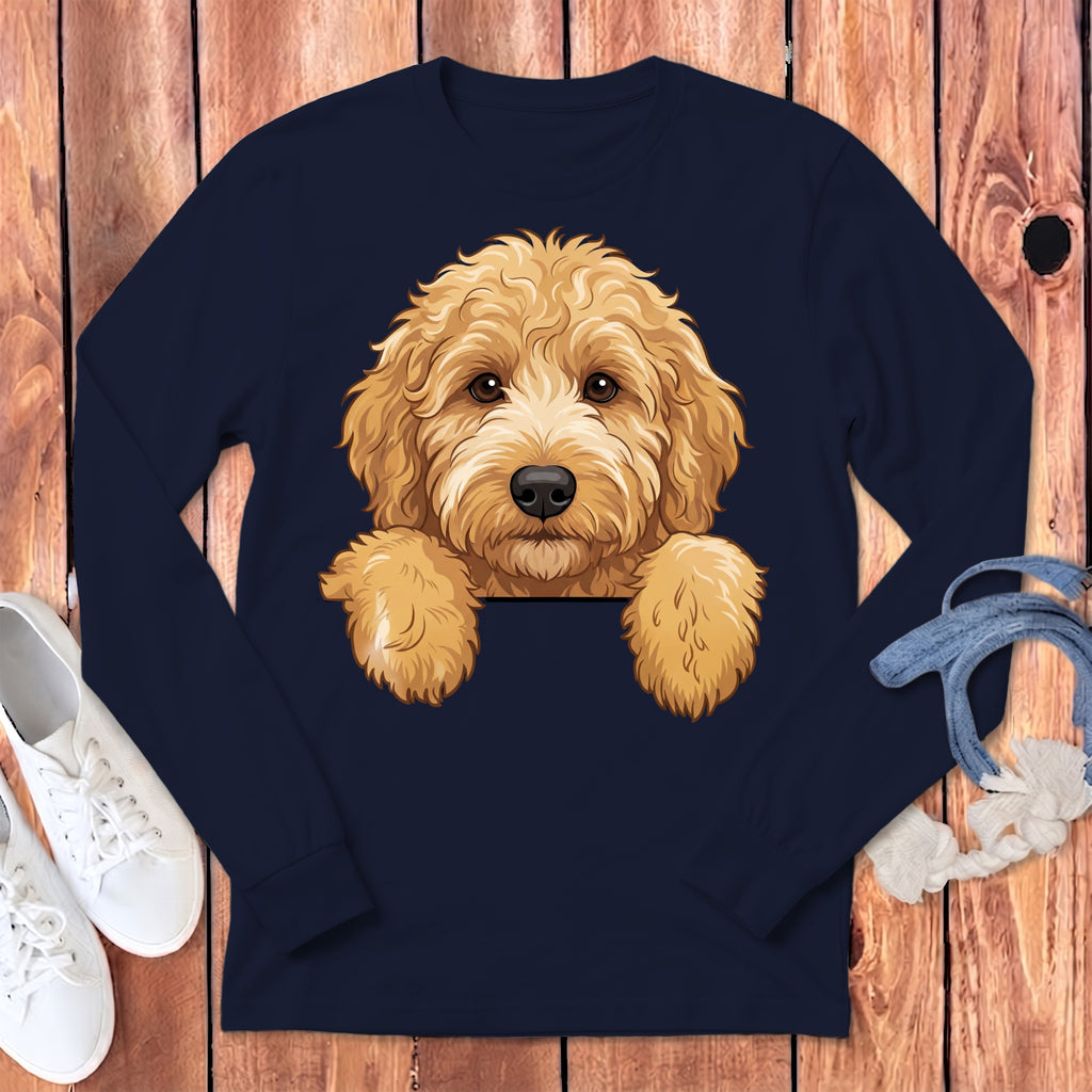 Navy long-sleeve shirt with a cute cartoon goldendoodle puppy graphic.