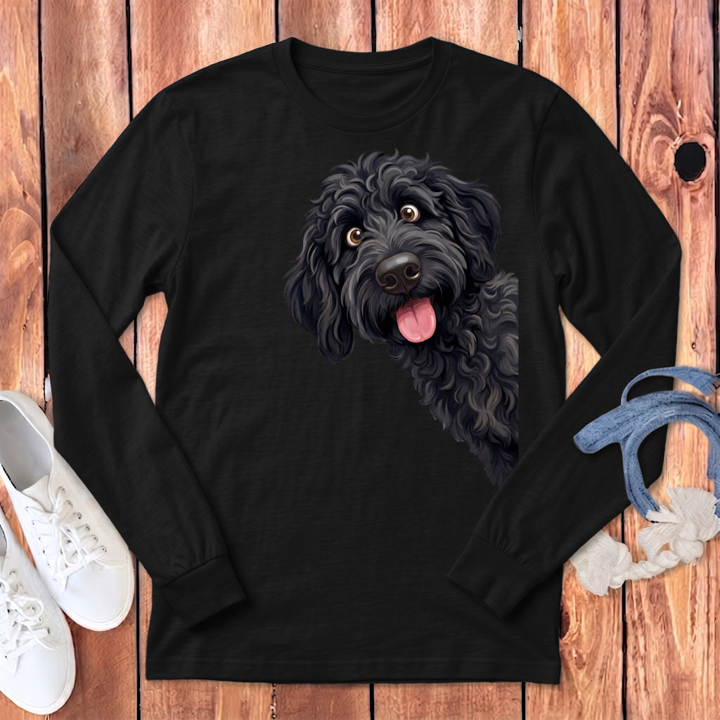 Black long sleeve t-shirt with a cartoon black doodle dog illustration.