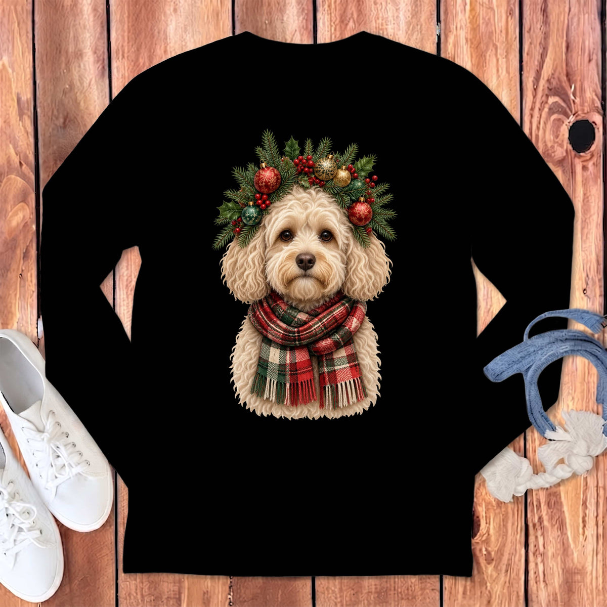Maltipoo Holiday Crown Long Sleeve T-Shirt in Black / S by MyDesigns
