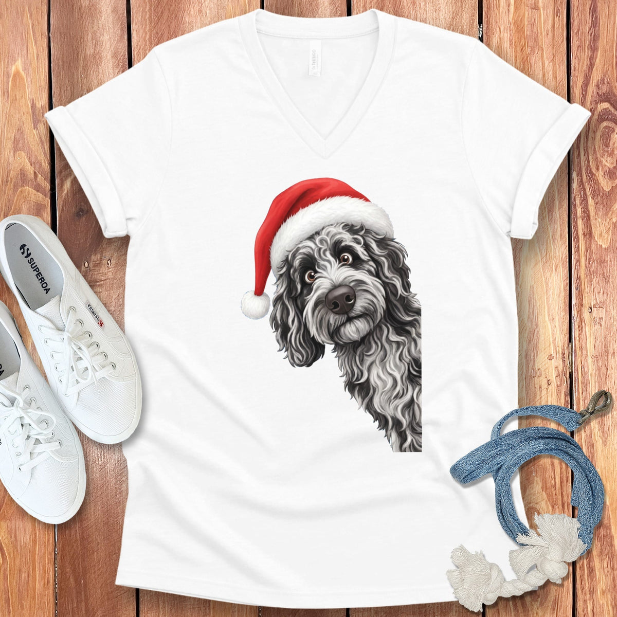 Merle Goldendoodle Holiday Santa V-Neck T-Shirt in White / S by Puppy Jo