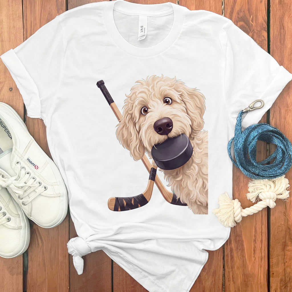 Cream Goldendoodle Hockey T-Shirt in White / S by Puppy Jo