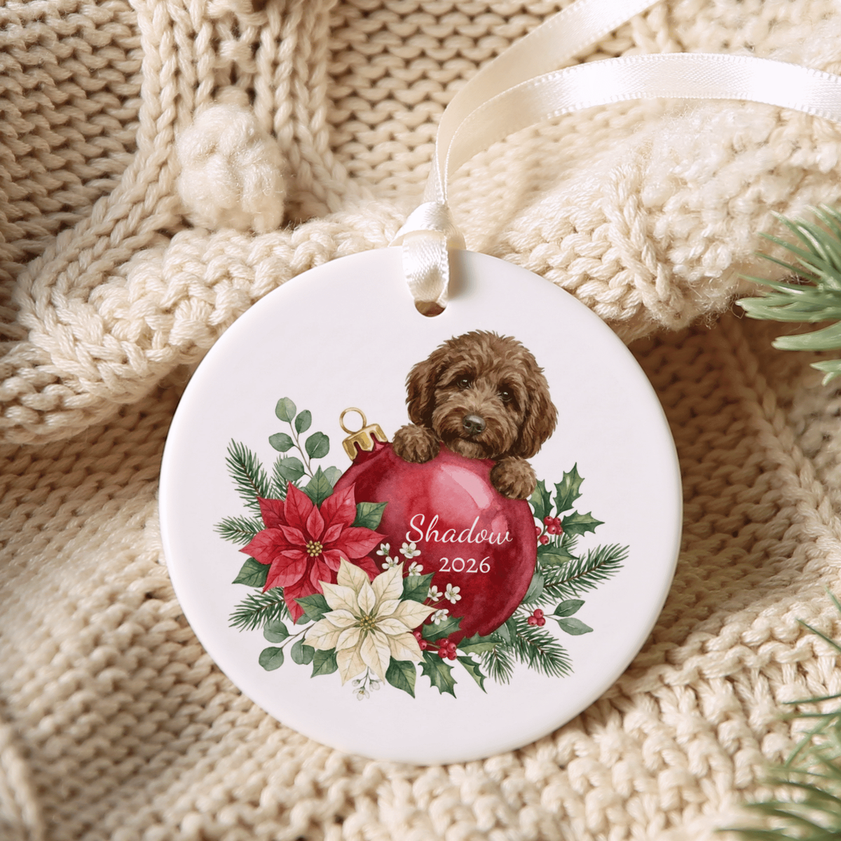 First Christmas Chocolate Goldendoodle Ornament in by AnywherePOD