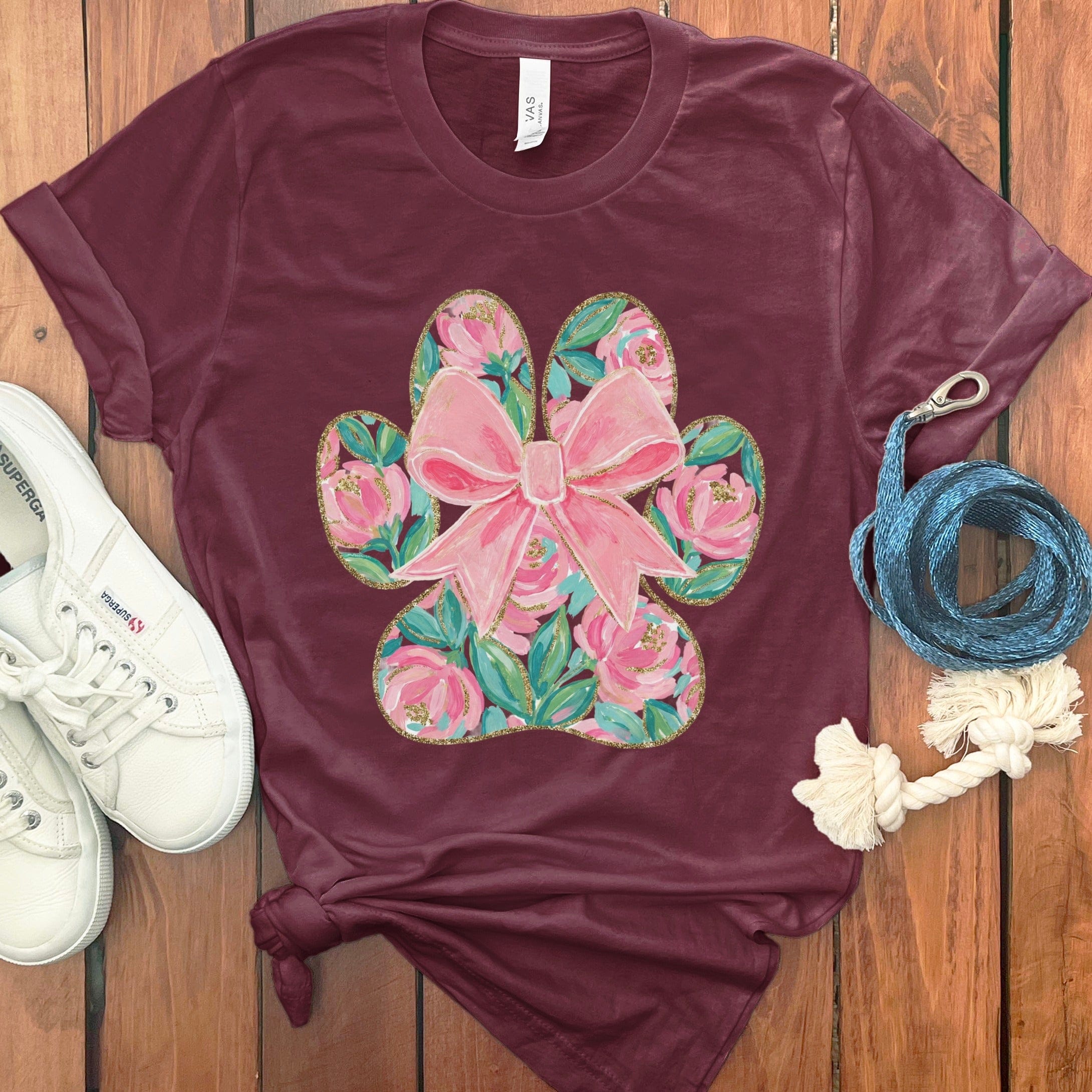 Floral Coquette Paw T-Shirt in Maroon / M by Puppy Jo